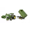 Trator BRUDER John Deere 7R 350 com carregador frontal e atrelado tandem, plástico, a partir dos 3 anos