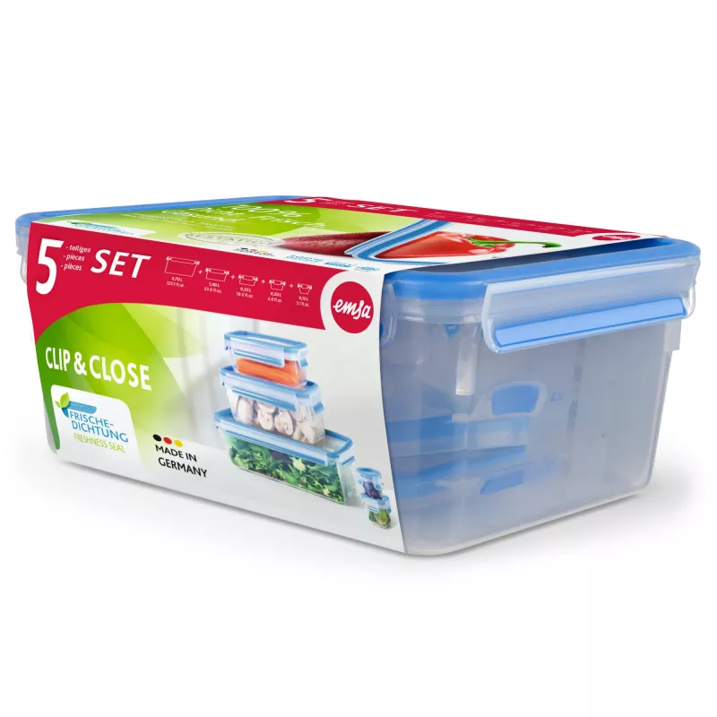 EMSA CLIP & CLOSE 508568 Caixa retangular para armazenamento de alimentos conjunto 3,7 L azul, transparente 5 unid.