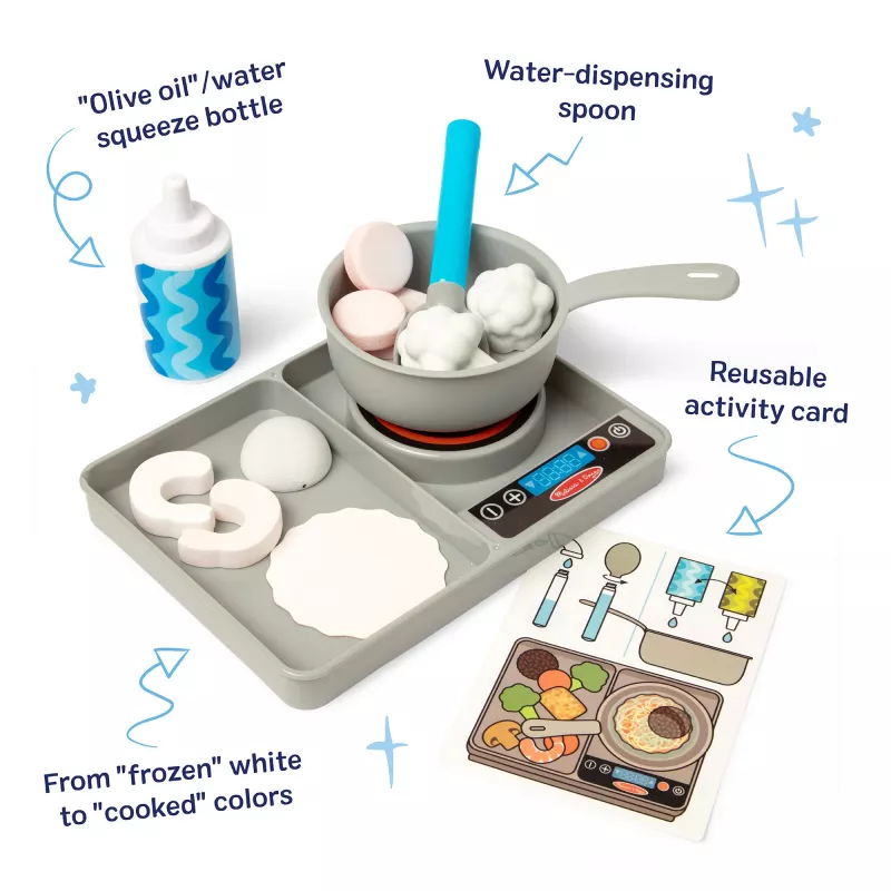 Melissa & Doug Simmer & Stir conjunto de fogão com alimentos de brincar com revelação de cor Water WOW, brinquedo pré-escolar a partir dos 3 anos