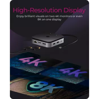 ICY BOX docking station USB4® 7 em 1 com saída de vídeo dupla, com fios, USB4, 60 W, 3,5 mm, 10,100,1000 Mbit/s, antracite