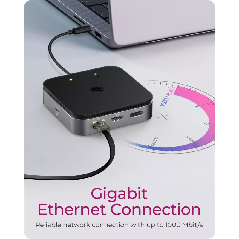 ICY BOX docking station USB4® 7 em 1 com saída de vídeo dupla, com fios, USB4, 60 W, 3,5 mm, 10,100,1000 Mbit/s, antracite