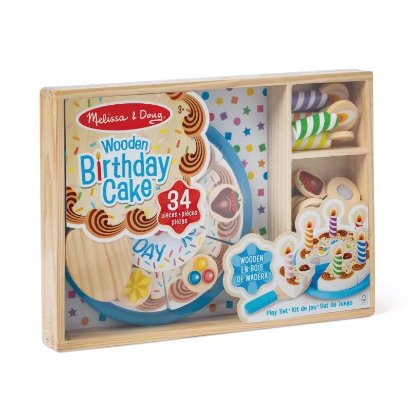 Melissa & Doug Bolo de festa de aniversário – alimentos de brincar em madeira com decorações de mistura e 7 velas