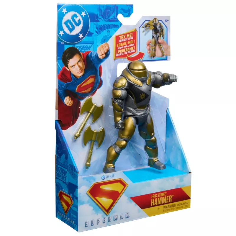 Figura de ação Superman Hammer of Boravia 6 polegadas, estilo do filme, inclui 2 acessórios, dourado/cinzento