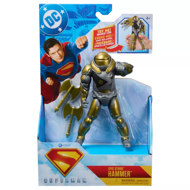 Figura de ação Superman Hammer of Boravia 6 polegadas, estilo do filme, inclui 2 acessórios, dourado/cinzento