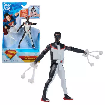 DC Comics, SUPERMAN, Mr. Terrific, Figura de ação Epic Strike, 15 cm de altura, design autêntico do filme, inclui 2 acessórios, brinquedo para rapazes e raparigas a partir dos 4 anos