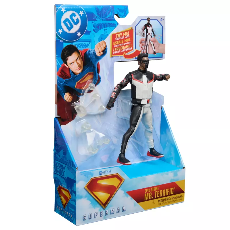 DC Comics, SUPERMAN, Mr. Terrific, Figura de ação Epic Strike, 15 cm de altura, design autêntico do filme, inclui 2 acessórios, brinquedo para rapazes e raparigas a partir dos 4 anos
