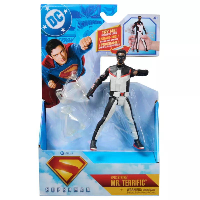 DC Comics, SUPERMAN, Mr. Terrific, Figura de ação Epic Strike, 15 cm de altura, design autêntico do filme, inclui 2 acessórios, brinquedo para rapazes e raparigas a partir dos 4 anos
