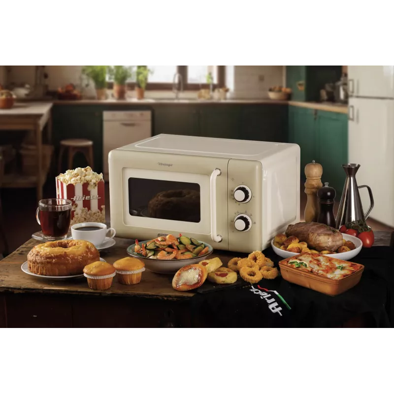 Ariete Vintage Line 3960 Micro-ondas Vintage, 800 W, capacidade 20 L, 3 funções, 5 níveis de cozedura, temporizador, bege
