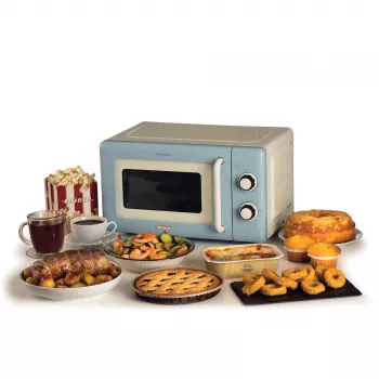 Ariete Vintage Line 3960 Micro-ondas Vintage, 800 W, capacidade 20 l, 3 funções, 5 níveis de cozedura, temporizador, azul
