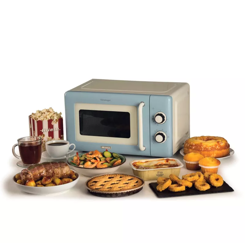 Ariete Vintage Line 3960 Micro-ondas Vintage, 800 W, capacidade 20 l, 3 funções, 5 níveis de cozedura, temporizador, azul