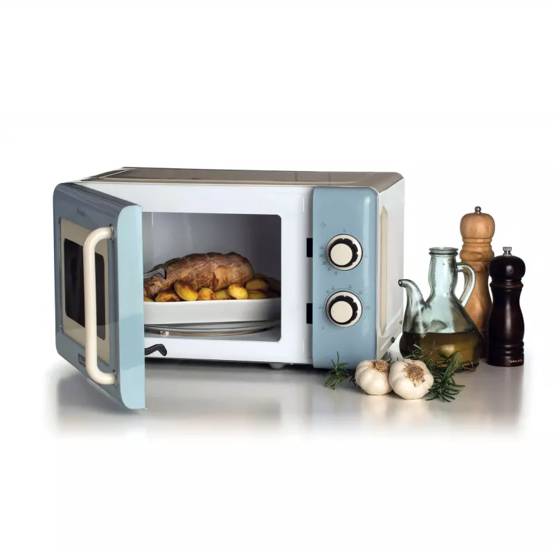 Ariete Vintage Line 3960 Micro-ondas Vintage, 800 W, capacidade 20 l, 3 funções, 5 níveis de cozedura, temporizador, azul