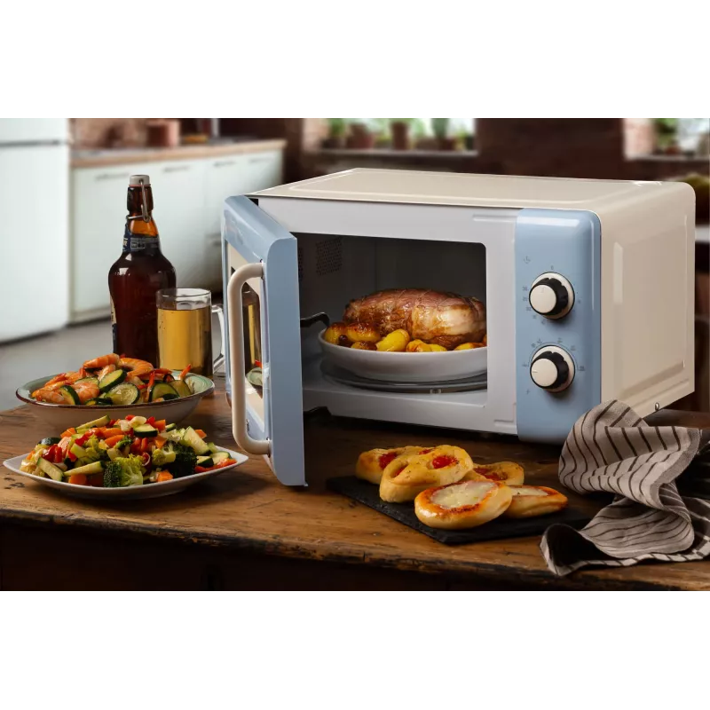 Ariete Vintage Line 3960 Micro-ondas Vintage, 800 W, capacidade 20 l, 3 funções, 5 níveis de cozedura, temporizador, azul