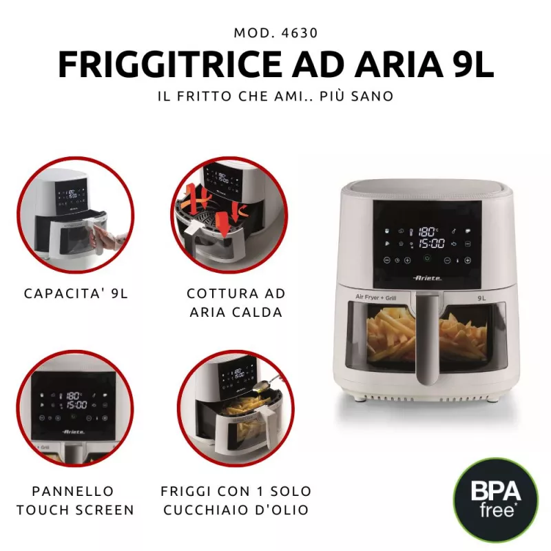 Ariete 4630/03 fritadeira de ar, 9 l, 1500 W, capacidade de 3,5 kg, até 200 °C, controlo tátil, branca