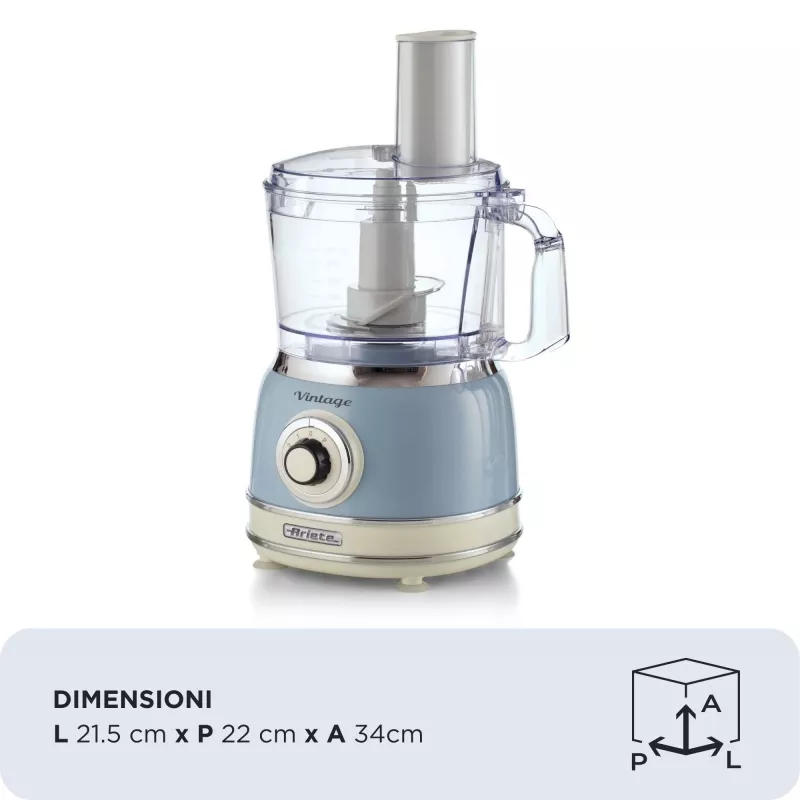 Robot de cozinha ARIETE Vintage Line 1781/05 — 1000 W, taça 2,1 L, botão rotativo, lâminas de aço inoxidável, azul
