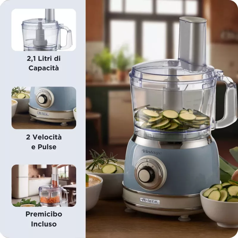 Robot de cozinha ARIETE Vintage Line 1781/05 — 1000 W, taça 2,1 L, botão rotativo, lâminas de aço inoxidável, azul