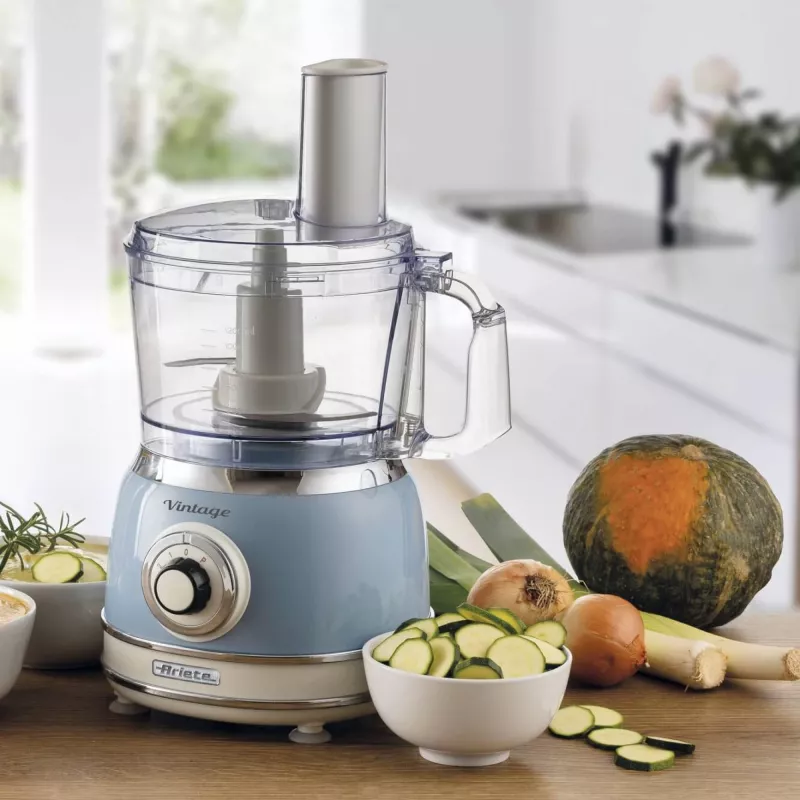 Robot de cozinha ARIETE Vintage Line 1781/05 — 1000 W, taça 2,1 L, botão rotativo, lâminas de aço inoxidável, azul