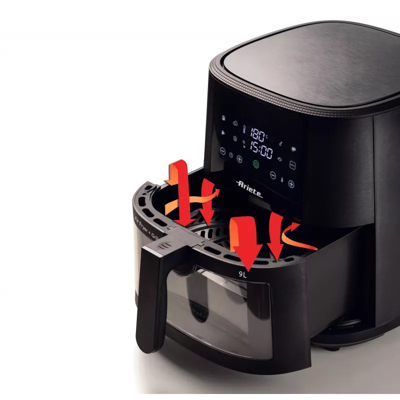 Ariete 4630/00 fritadeira de ar, 9 l, 1500 W, capacidade de carga de 3,6 kg, 7 programas, até 200°C, janela de visualização, preta