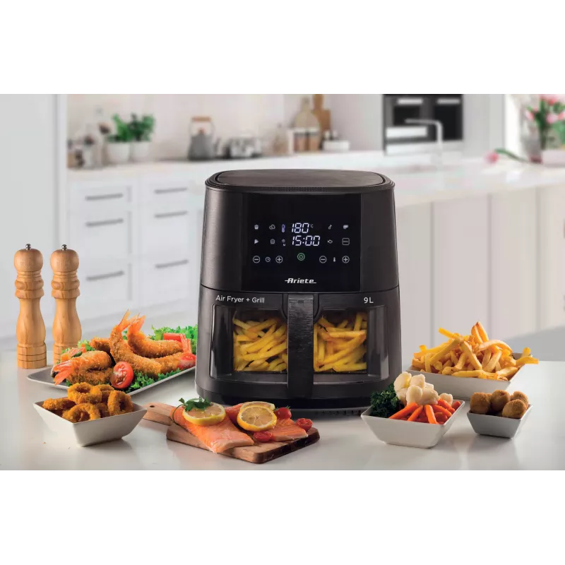 Ariete 4630/00 fritadeira de ar, 9 l, 1500 W, capacidade de carga de 3,6 kg, 7 programas, até 200°C, janela de visualização, preta