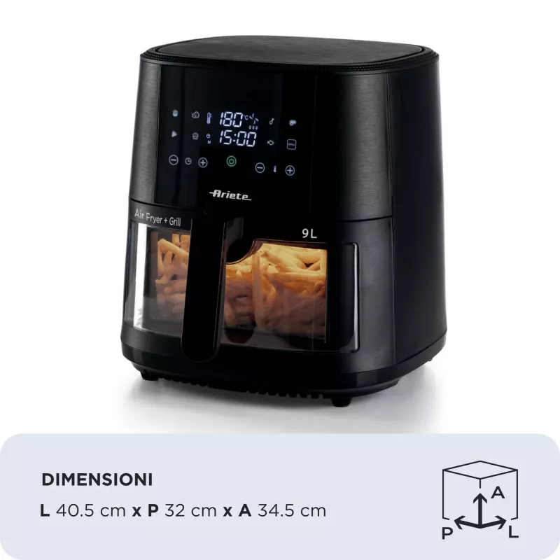 Ariete 4630/00 fritadeira de ar, 9 l, 1500 W, capacidade de carga de 3,6 kg, 7 programas, até 200°C, janela de visualização, preta
