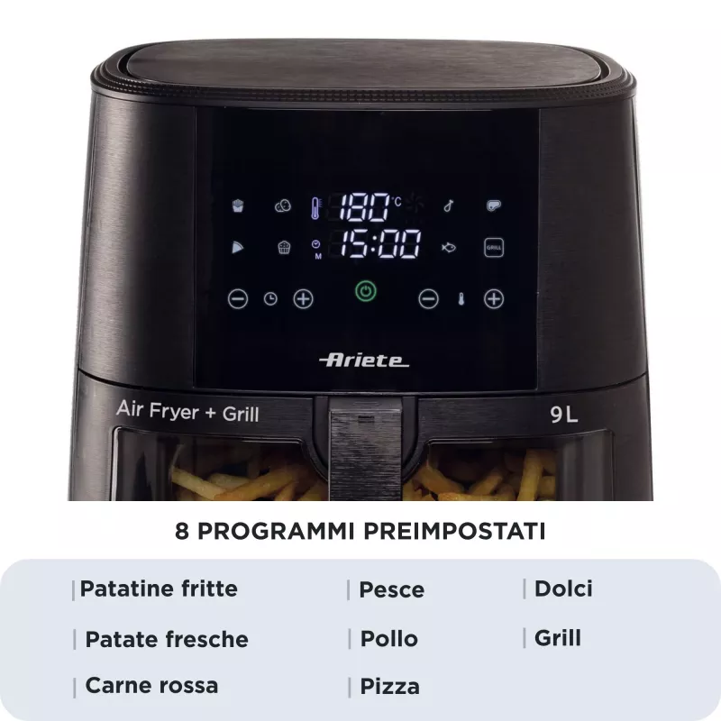 Ariete 4630/00 fritadeira de ar, 9 l, 1500 W, capacidade de carga de 3,6 kg, 7 programas, até 200°C, janela de visualização, preta