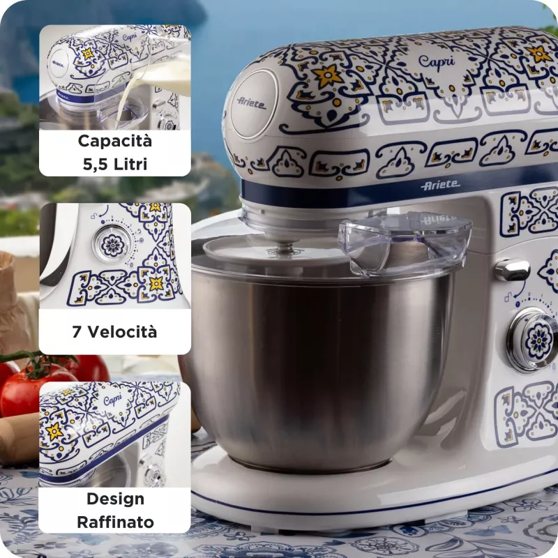 Robot de cozinha Ariete 1588 Capri, batedeira planetária, 7 velocidades, 2400 Watt, 5,5 litros, taça de aço inoxidável