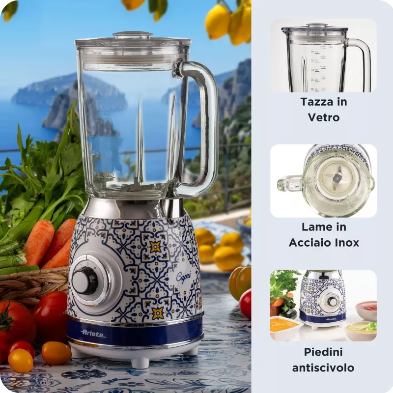 Ariete 583 Capri Misturadora com jarro de vidro de 1,5 litros, 4 lâminas de aço inoxidável, 4 velocidades + função pulsar, 1000 Watt