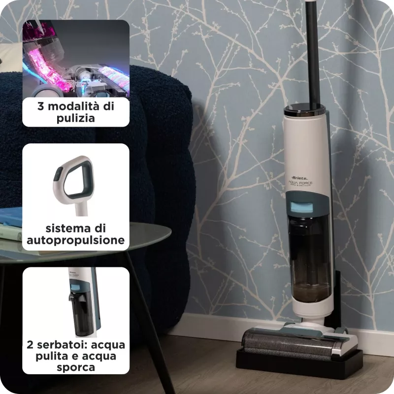 Ariete 2483 Aqua Force Wash & Vacuum, aspirador inteligente, limpa-chãos sem fios, bateria, aspira e lava, pelos de animais, sujidade seca e húmida, capacidade de 700 ml, acessórios incluídos