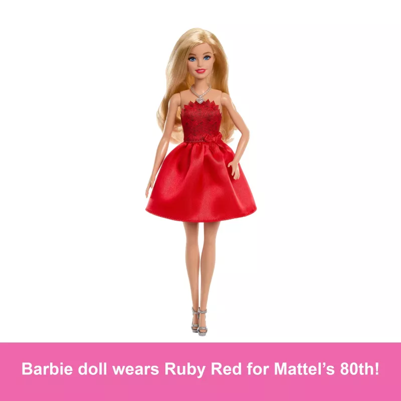 Barbie Mattel 80.º aniversário boneca de moda de aniversário vermelho-rubi com vestido vermelho e acessórios