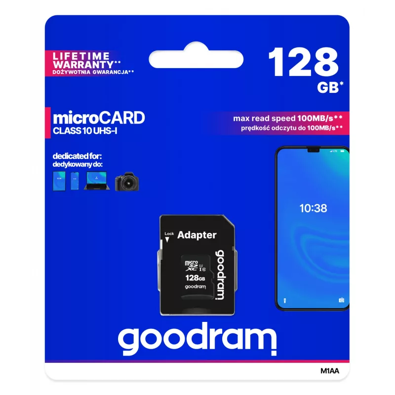 Cartão de memória flash MicroSDXC GOODRAM 128GB UHS‑I Class 10 (leitura 100 MB/s, escrita 10 MB/s) com adaptador SD