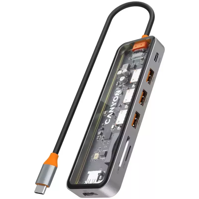 Canyon DS-13 CNS-TDS13 hub USB-C 7 em 1, HDMI 4K, 3x USB 3.0, USB-C PD 100W, leitor SD/microSD, Space Grey transparente