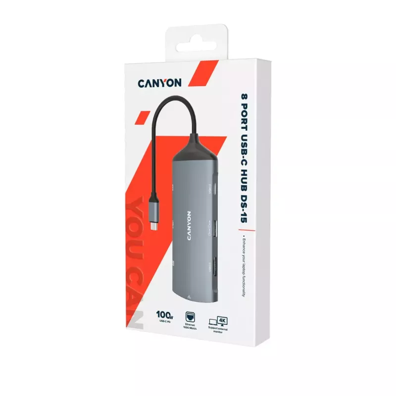 Canyon DS-15 USB 3.2 Gen 1 Type-C cinzento 100W Power Delivery Ethernet 1 Gbps