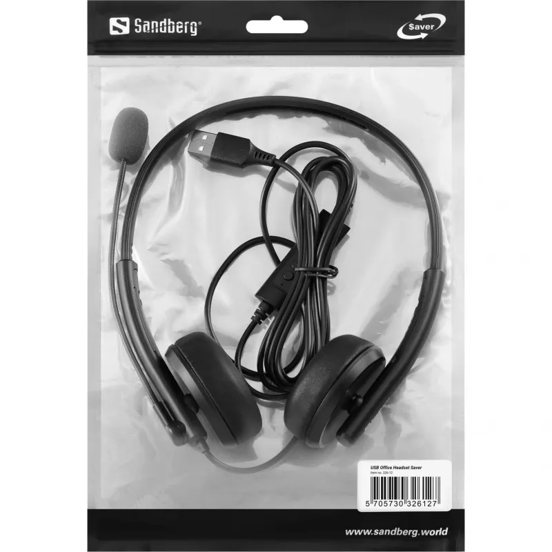 Headset USB de escritório Sandberg Saver, com fios, chamadas/música, 20 - 20000 Hz, 150 g, headset, Preto