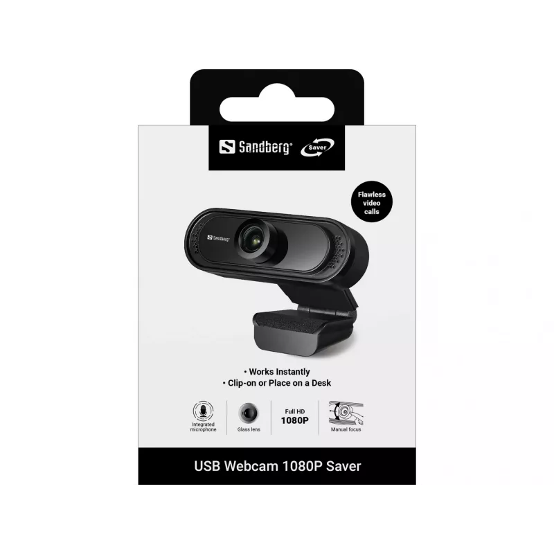 Webcam USB 1080P Sandberg Saver, 2 MP, 1920 x 1080 píxeis, Full HD, 30 fps, 1920x1080@30fps, 1080p