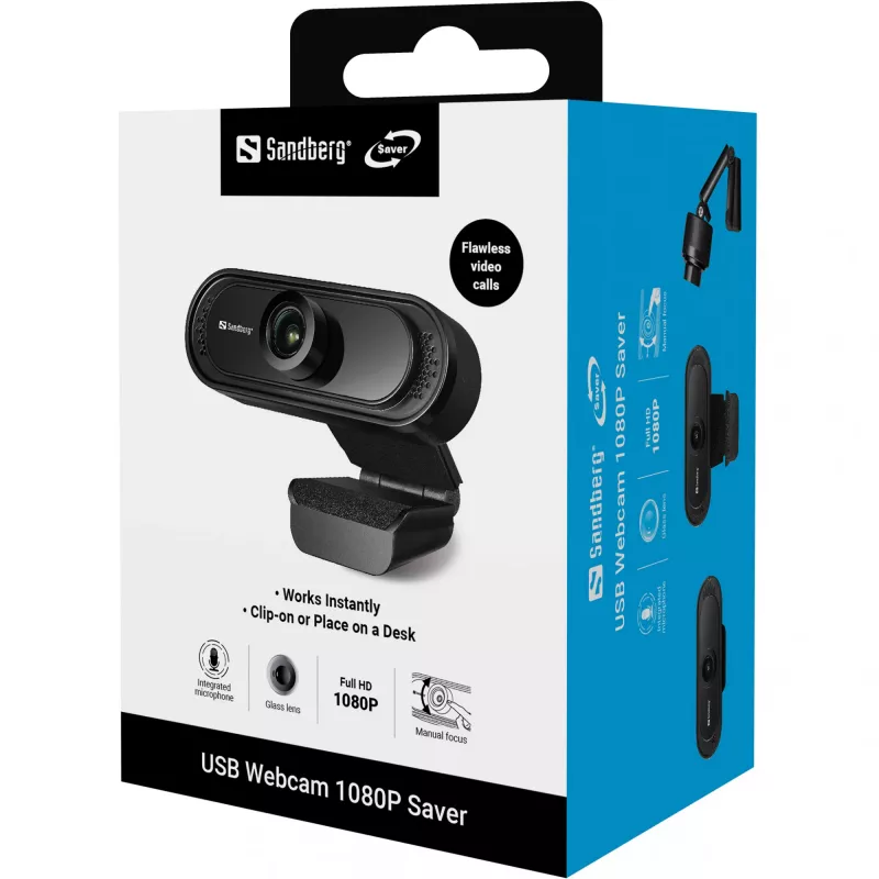 Webcam USB 1080P Sandberg Saver, 2 MP, 1920 x 1080 píxeis, Full HD, 30 fps, 1920x1080@30fps, 1080p