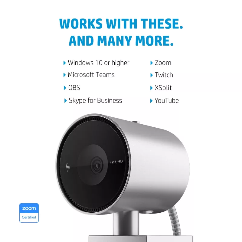 Webcam HP 950 4K, 3840 x 2160 píxeis, Full HD, 30 fps, 1x, Auto, Auto