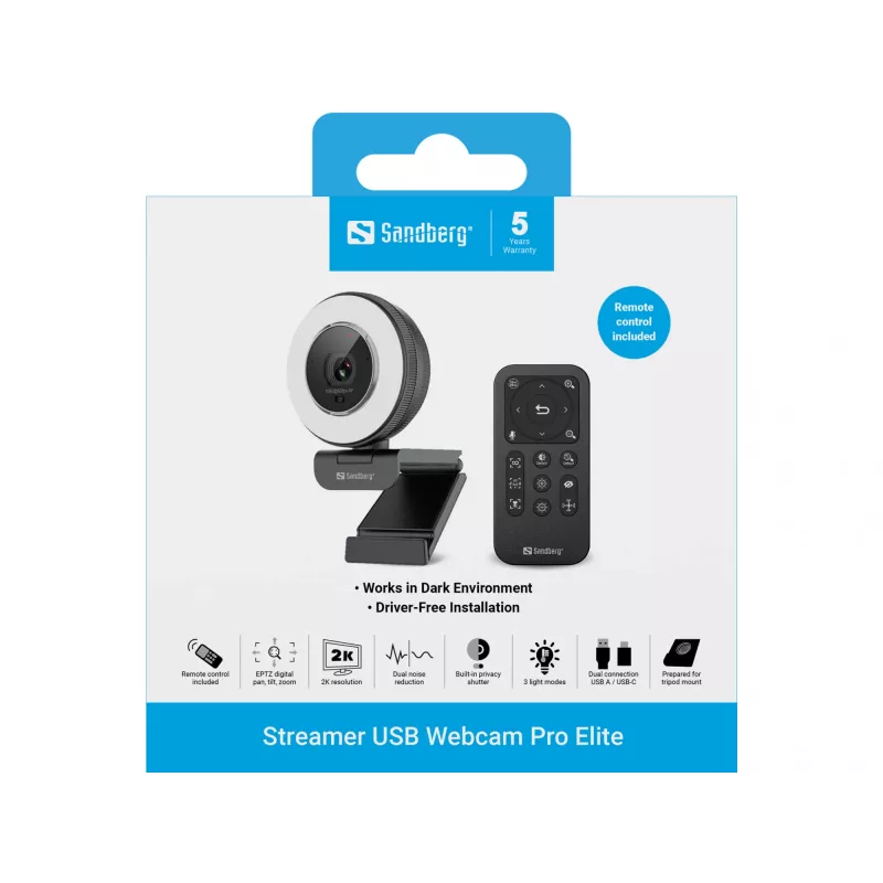 Webcam Sandberg Streamer USB Webcam Pro Elite 2560x1440 60fps preta