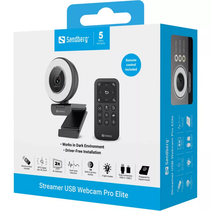 Webcam Sandberg Streamer USB Webcam Pro Elite 2560x1440 60fps preta