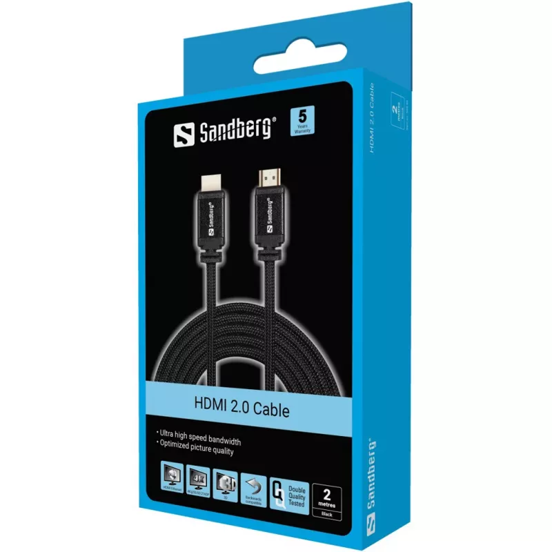 Cabo Sandberg HDMI 2.0 19M-19M, 2 m, HDMI Type A (Standard), HDMI Type A (Standard), preto