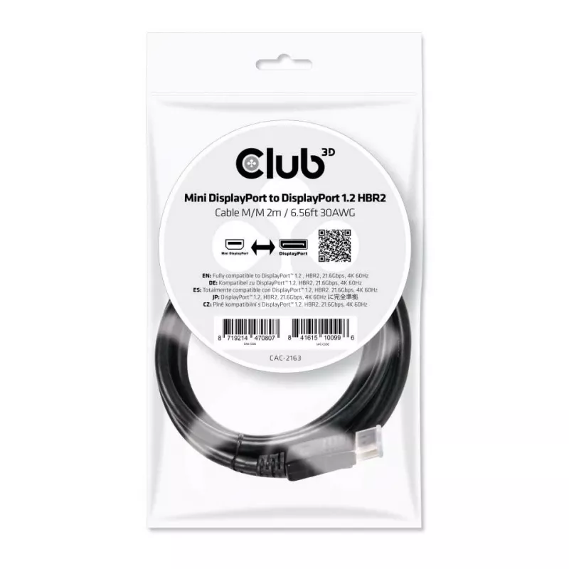Cabo Club 3D CAC-2163 de Mini DisplayPort para DisplayPort 1.2 HBR2, macho/macho, 2 m (6,56 ft), 4K60Hz