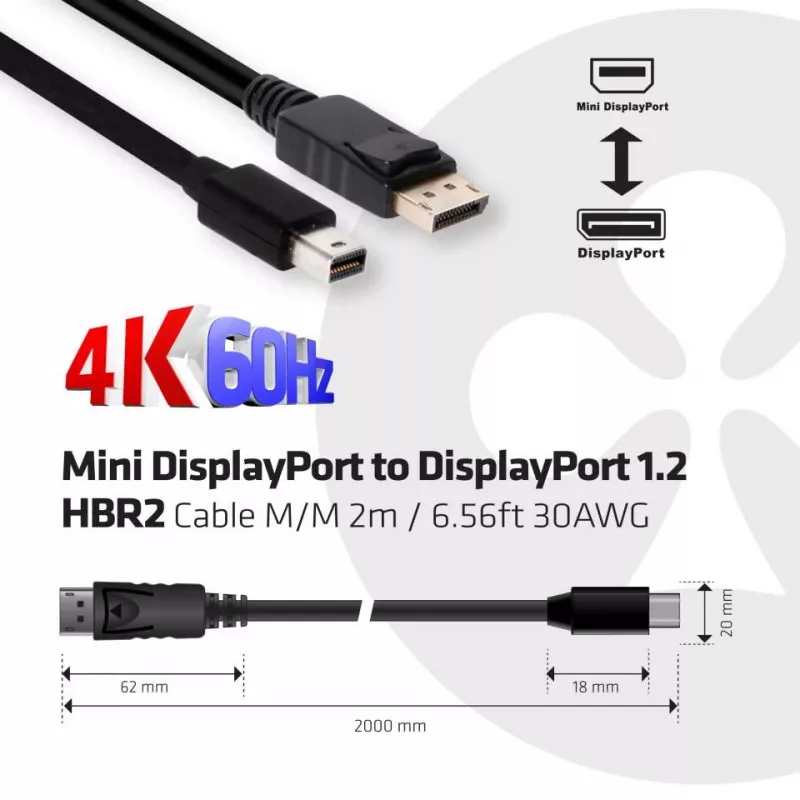 Cabo Club 3D CAC-2163 de Mini DisplayPort para DisplayPort 1.2 HBR2, macho/macho, 2 m (6,56 ft), 4K60Hz