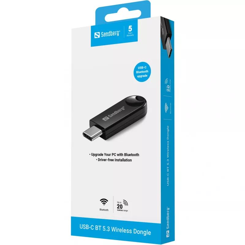 Dongle USB-C Bluetooth 5.3 sem fios SANDBERG 136-69 para PCs e portáteis