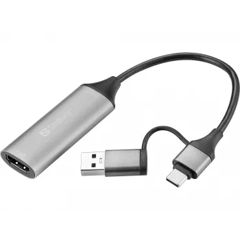 Sandberg HDMI Capture Link para USB-C/A, HDMI Type A (Standard), USB Type-A + USB Type-C, conector fêmea, conector macho, reto, reto