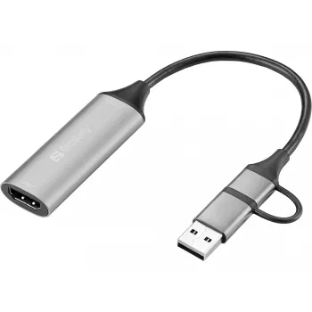Sandberg HDMI Capture Link para USB-C/A, HDMI Type A (Standard), USB Type-A + USB Type-C, conector fêmea, conector macho, reto, reto