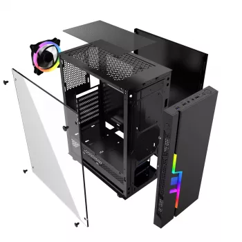Caixa de PC GEMBIRD Fornax 2000 RGB Midi Tower preta — Micro ATX/ITX/ATX, 1 ventoinha traseira de 120mm, 2 baías de 2,5 polegadas, 2x3.0 USB-A, vidro temperado