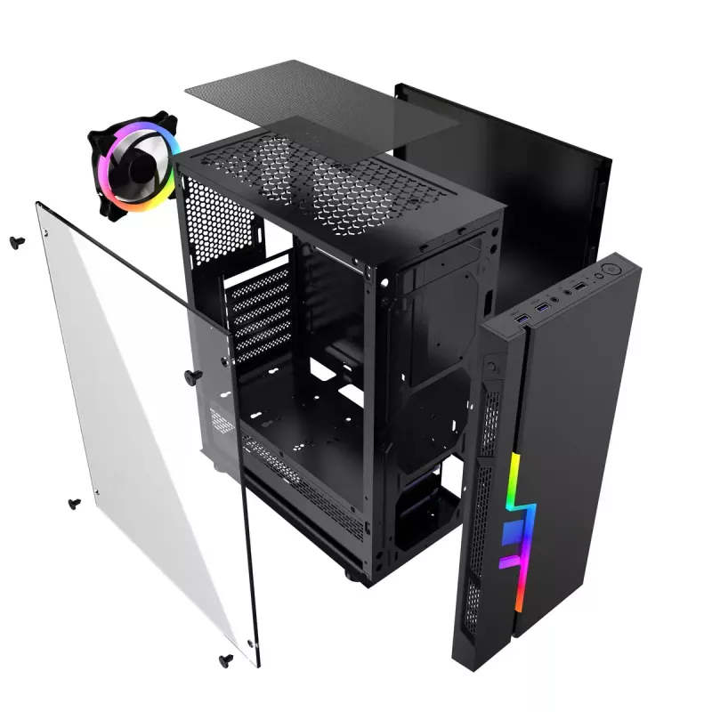 Caixa de PC GEMBIRD Fornax 2000 RGB Midi Tower preta — Micro ATX/ITX/ATX, 1 ventoinha traseira de 120mm, 2 baías de 2,5 polegadas, 2x3.0 USB-A, vidro temperado