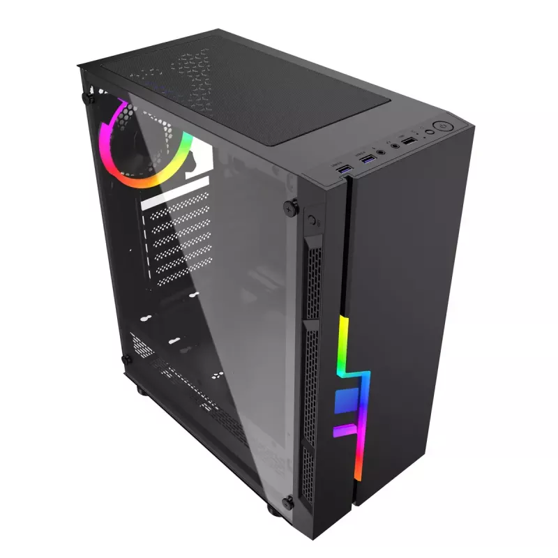 Caixa de PC GEMBIRD Fornax 2000 RGB Midi Tower preta — Micro ATX/ITX/ATX, 1 ventoinha traseira de 120mm, 2 baías de 2,5 polegadas, 2x3.0 USB-A, vidro temperado