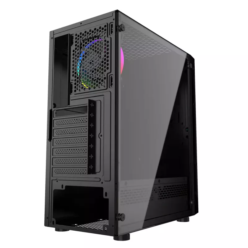 Caixa de PC GEMBIRD Fornax 2000 RGB Midi Tower preta — Micro ATX/ITX/ATX, 1 ventoinha traseira de 120mm, 2 baías de 2,5 polegadas, 2x3.0 USB-A, vidro temperado