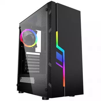 Caixa de PC GEMBIRD Fornax 2000 RGB Midi Tower preta — Micro ATX/ITX/ATX, 1 ventoinha traseira de 120mm, 2 baías de 2,5 polegadas, 2x3.0 USB-A, vidro temperado