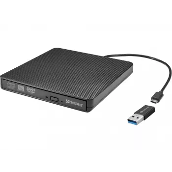 Unidade de DVD Sandberg USB-C/A, preto, Tray, Desktop/Laptop, DVD Super Multi DL, USB Type-C, CD-R, CD-ROM, CD-RW, DVD+R DL, DVD-R, DVD-R DL, DVD-RAM, DVD-ROM, DVD-RW