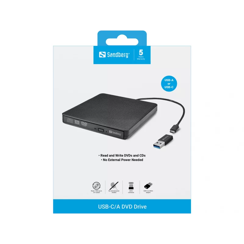 Unidade de DVD Sandberg USB-C/A, preto, Tray, Desktop/Laptop, DVD Super Multi DL, USB Type-C, CD-R, CD-ROM, CD-RW, DVD+R DL, DVD-R, DVD-R DL, DVD-RAM, DVD-ROM, DVD-RW